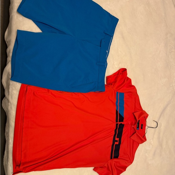 Men’s J.Lindeberg Golf Red and Blue Polo Shirt (Large) w/ Blue Shorts Set (36”) - Picture 1 of 8